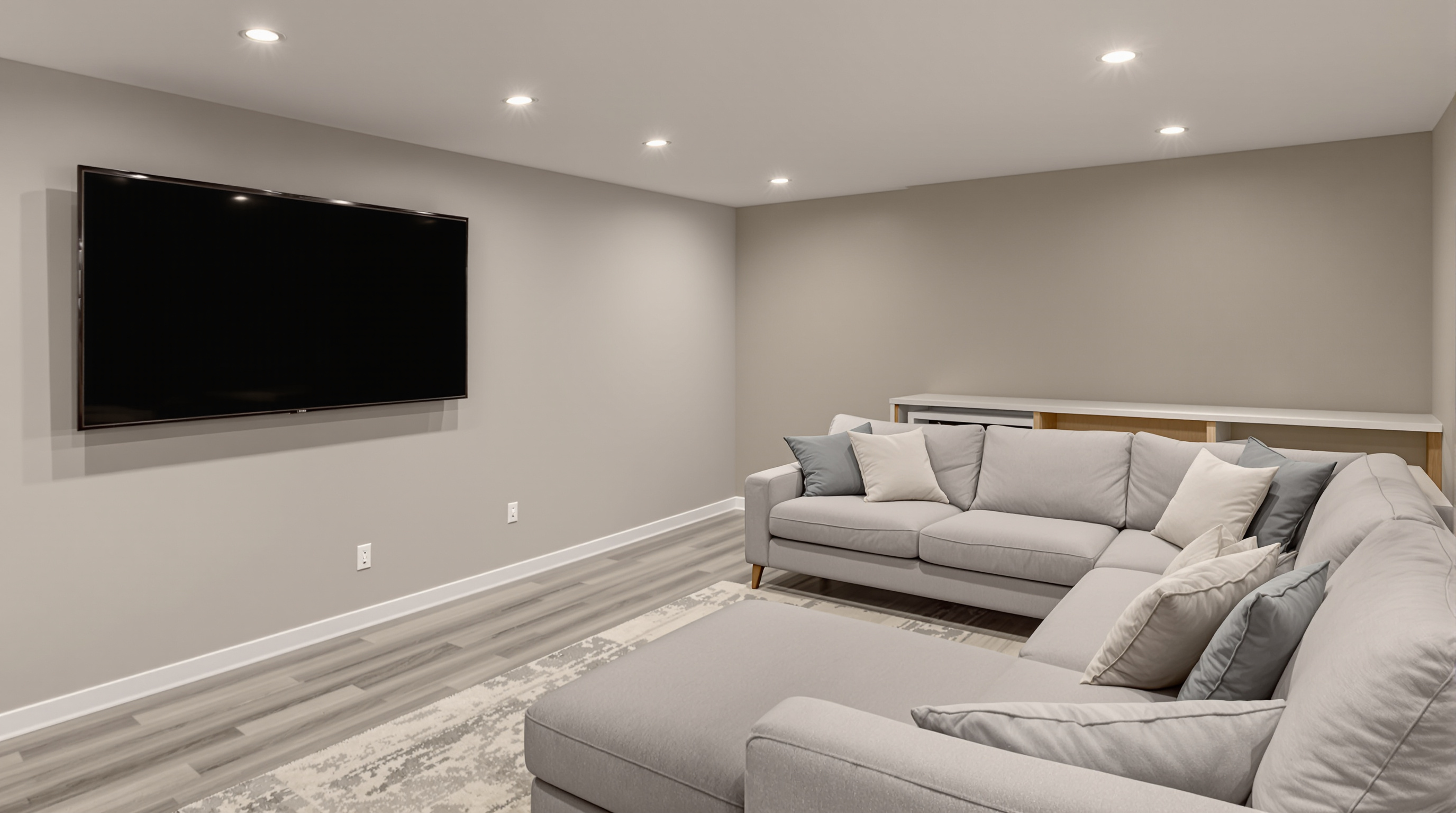 Finished basement living area with recessed lighting and egress window